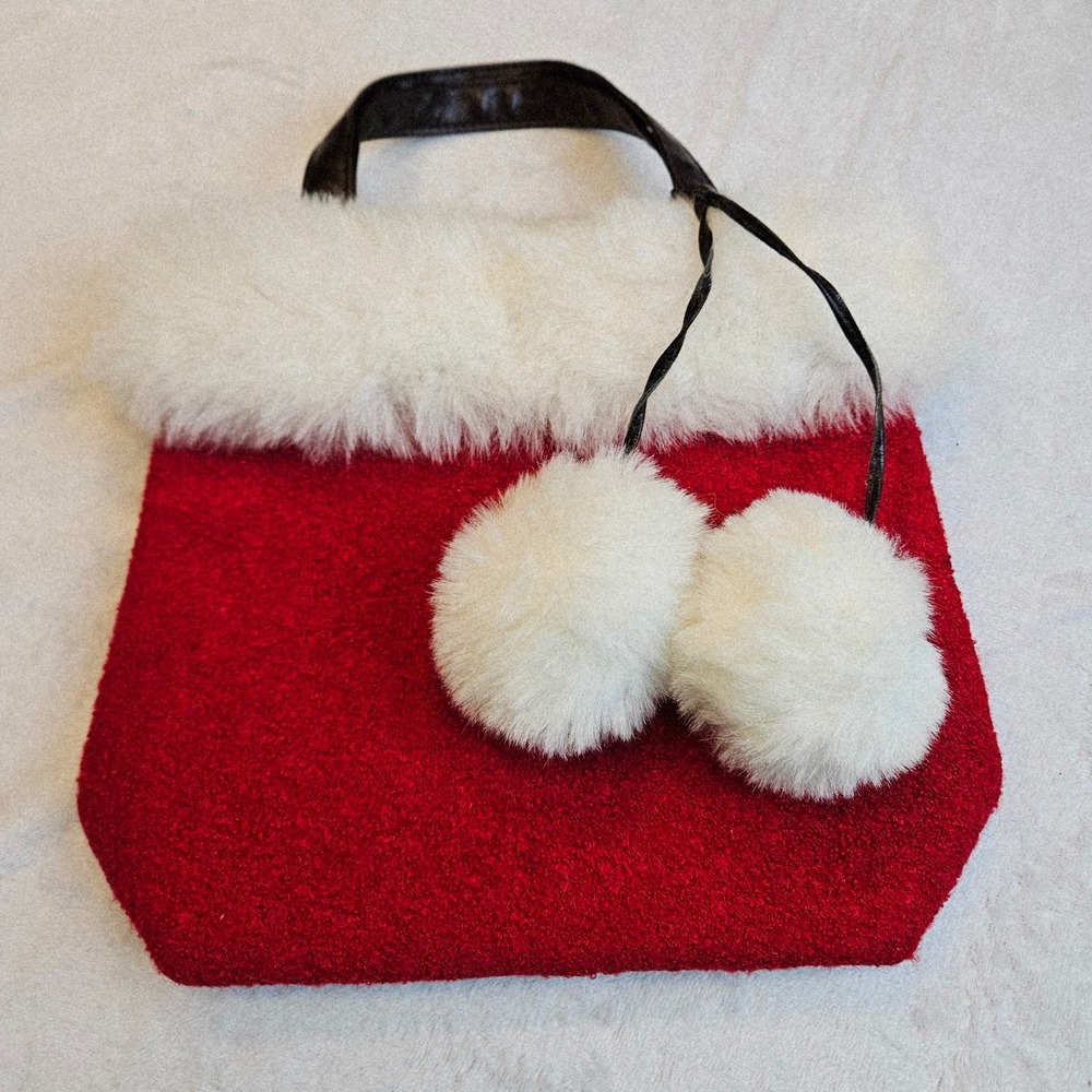 Bath Body Works Womens Red White Faux Fur Pom Pom Holiday Tote Bag Small Festive